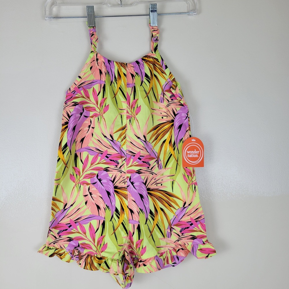 Wonder Nation Girls 5T Tropical‎ Palm Romper Light Lime Green Pink Ruffle NWT